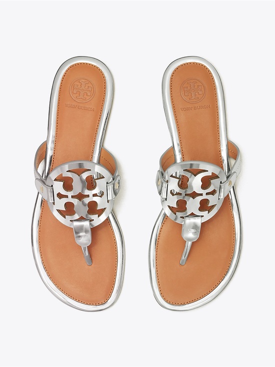 Tory Burch Shoes - Tory Burch Miller Silver/Tan Leather Logo Thong Sandals Size 8.5